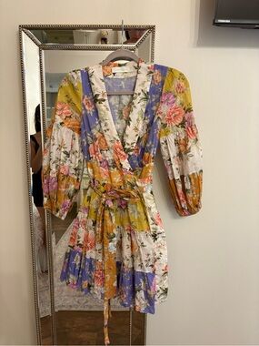 Zimmermann Floral Wrap Dress in Yellow, Purple, Pink, White